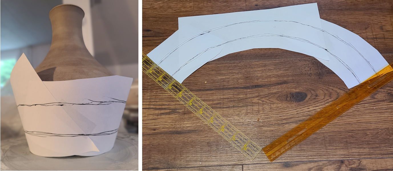 Drawing the arc using a banding wheel, then unfolding the paper to measure the dimensions