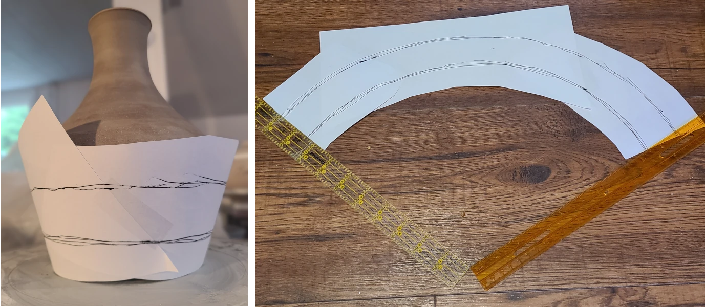 Drawing the arc using a banding wheel, then unfolding the paper to measure the dimensions Drawing the arc using a banding wheel, then unfolding the paper to measure the dimensions
