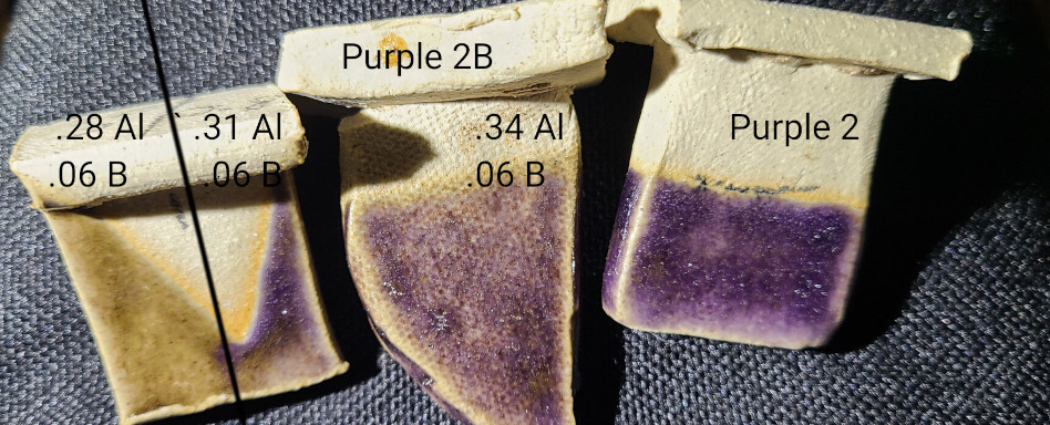 Apr 2024 - David Tsabar's Purple 2 at cone 9, plus tests with added borax Initial test tiles