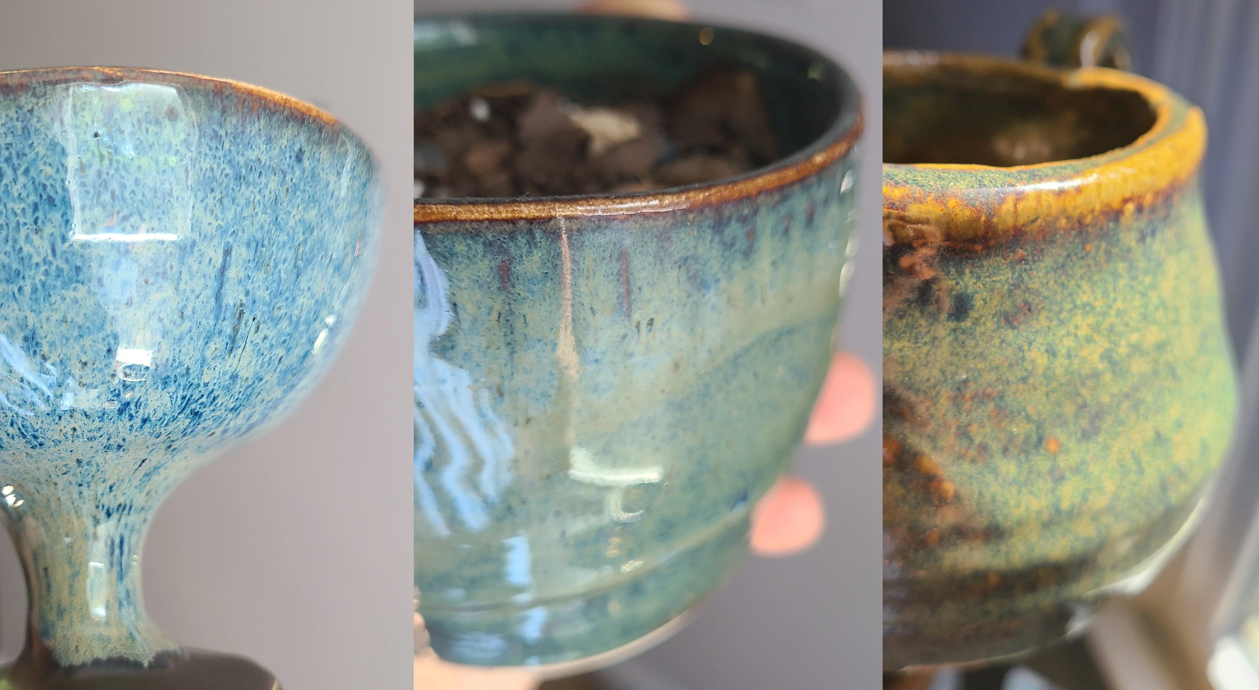 Three different Blue Hare glazes - Leftmost is a typical Gerstley Borate / Iron / Titanium studio glaze enhanced with cobalt. Middle is a commercial blue rutile glaze. The rightmost composition is unknown. Three different Blue Hare glazes