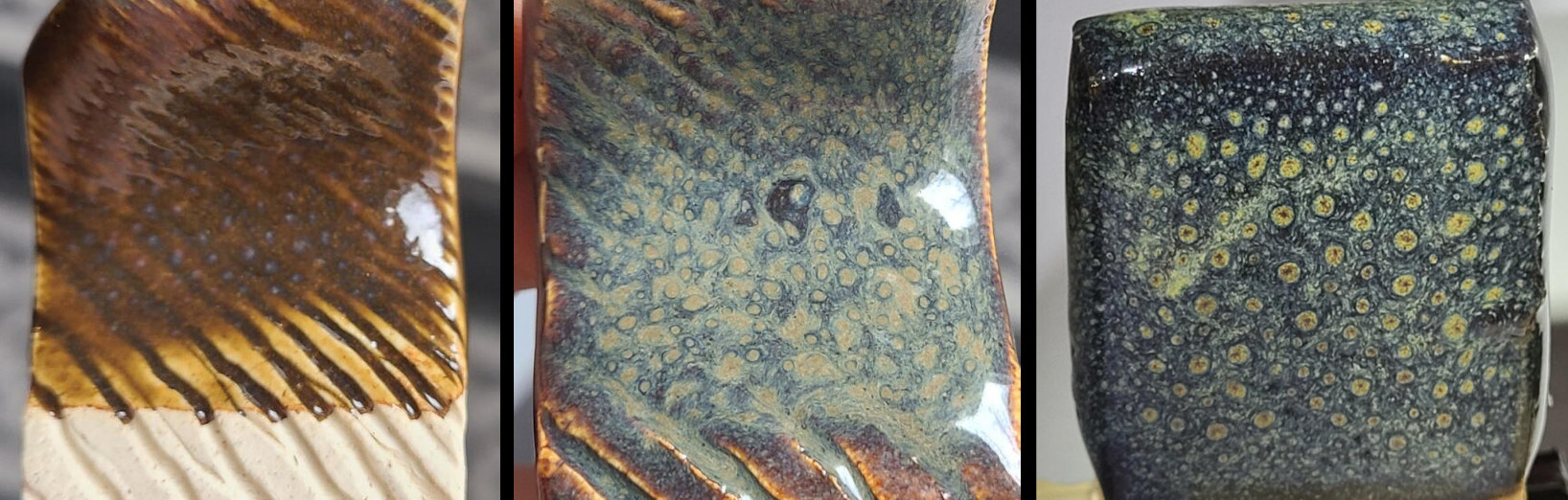 Initial experimentation - Left: Direct translation of Clara's recipe. Middle: Addition of copper and rutile. Right: Starry Night, a tangent involving chrome, iron, and rutile. Initial experimentation