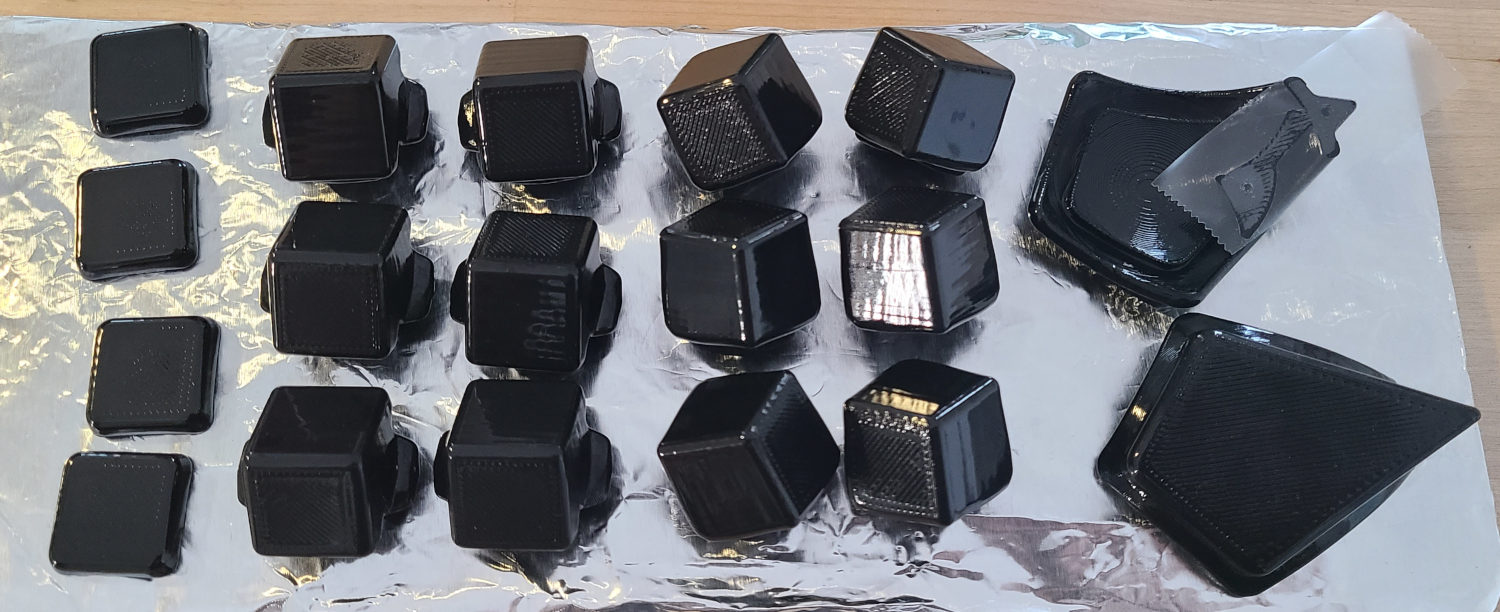 Some of the parts after vapor smoothing - the totals are 10 corners, 13 edges, 4 caps, 2 wedges Vapor-smoothed parts